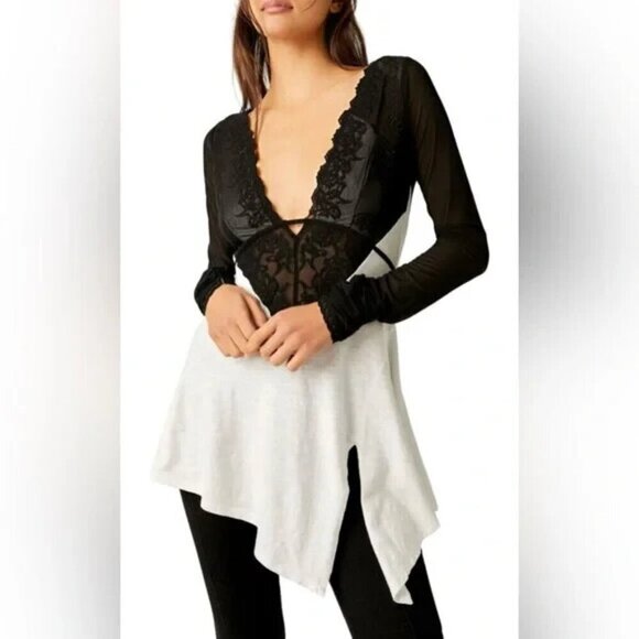 Free People Tops - Free People Rendezvous Lace Trim Top Blouse Women Size S White/Black